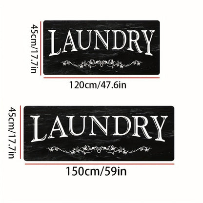Laundry Room Mat Black & White LAUNDRY Text Non-Slip Machine Washable – Soft Polyester Cut-Pile Floor Rug for Laundry Room, Bathroom