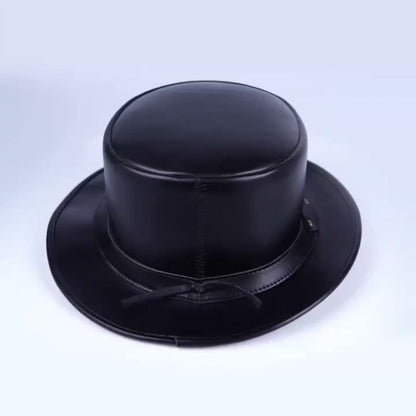 Genuine Leather Top Hat Steampunk Gentleman Shapeable Brim, Real Cowhide Low Crown Topper for Men & Women S-3XL