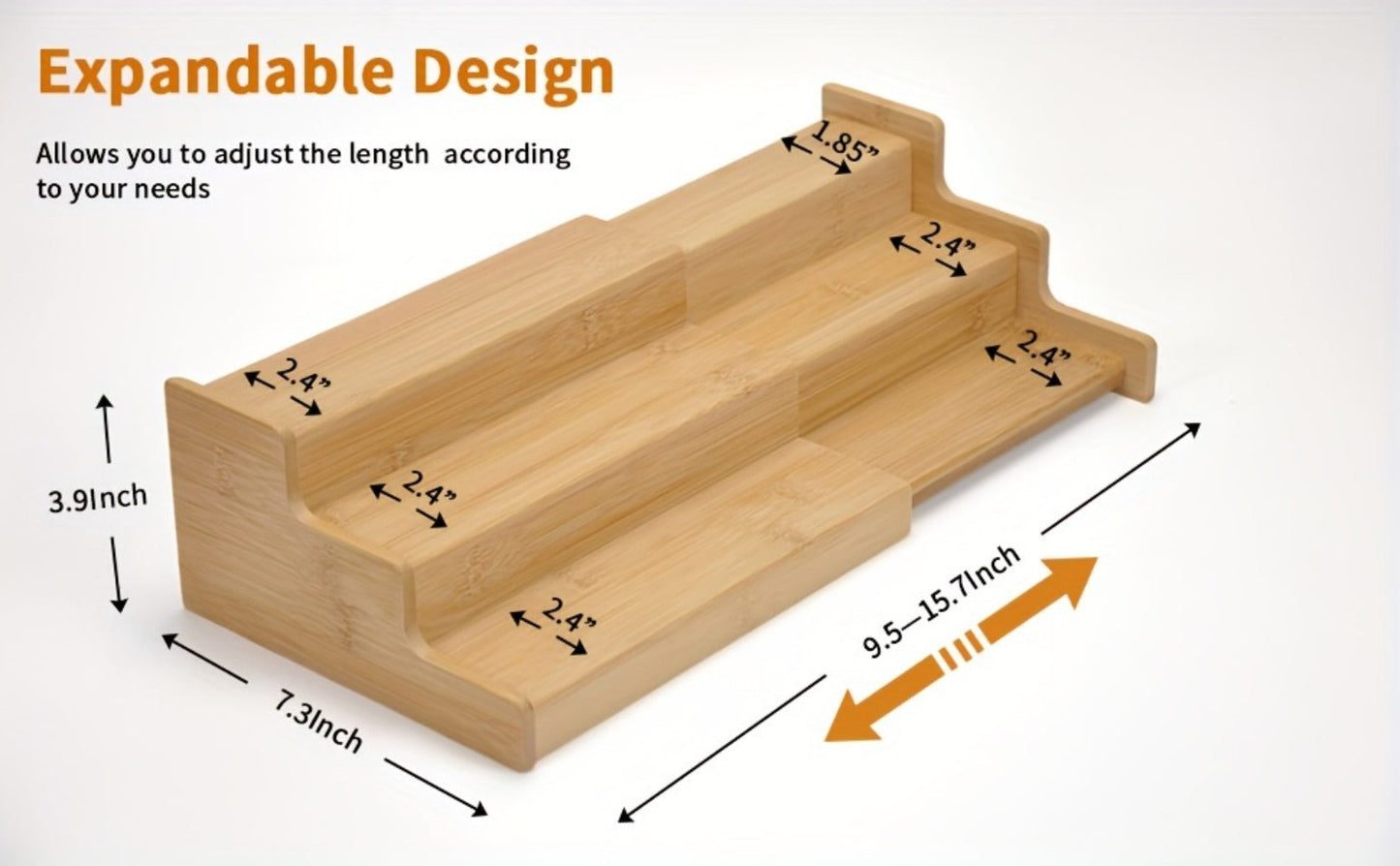 Expandable Bamboo Spice Rack with Three Stepped Tiers, 9.5-15.7-Inch Width and One- or Two-Piece Options