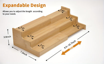 Expandable Bamboo Spice Rack with Three Stepped Tiers, 9.5-15.7-Inch Width and One- or Two-Piece Options