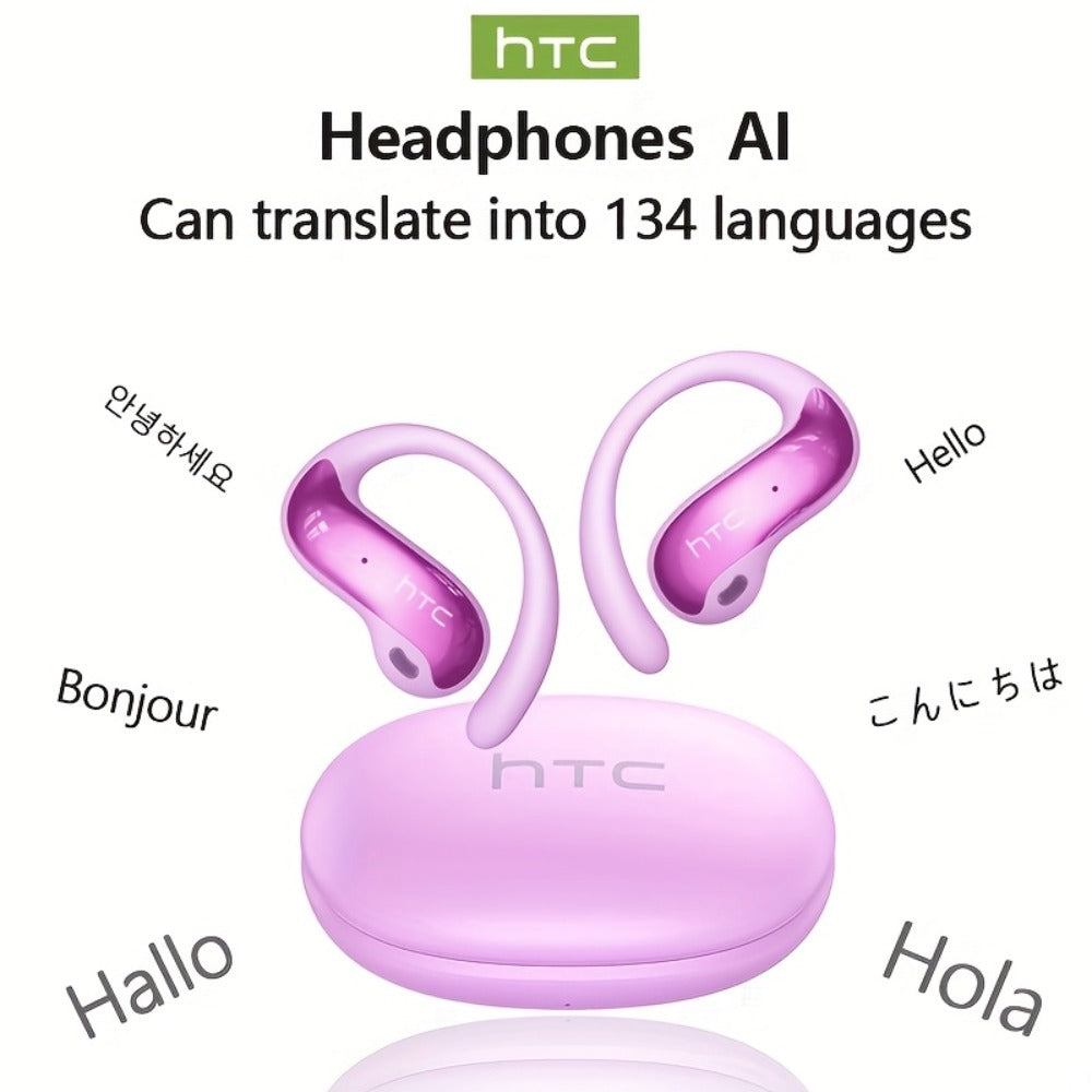 HTC NE19 Open-Ear AI Translation Earbuds with Oval Charging Case in Black, Gunmetal, Beige or Purple
