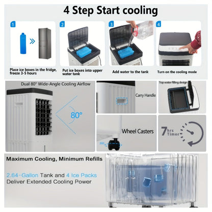 Portable Air Conditioner Evaporative Air Cooler with Remote, 40Hrs Cooling, 2.6 Gal Tank, 3 Speeds