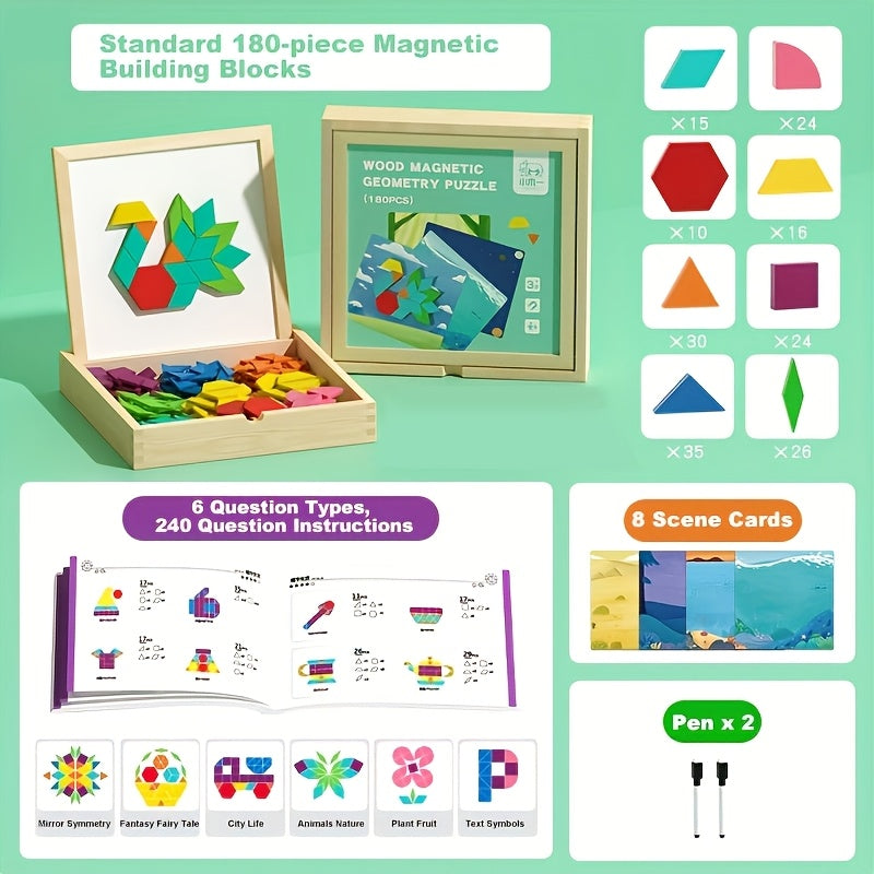 Magnetic Wooden Puzzle Board for Kids, 128/180/220/280 PCS Geometric Shape Recognition & Logical Thinking Toy