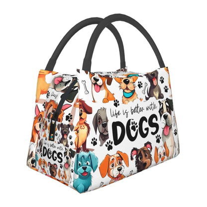 Dog-Print Lunch Tote with Black Handles in a 10.6 x 6.3 x 6.7-Inch Single Checkout and Zip Top