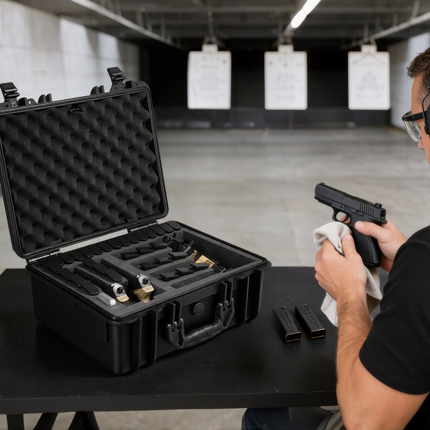 Hard Gun Case with Modular XPE Foam Interior – Heavy Duty Pistol Storage Box with Metal Hinges, 4 Lock Holes & Pressure Valve