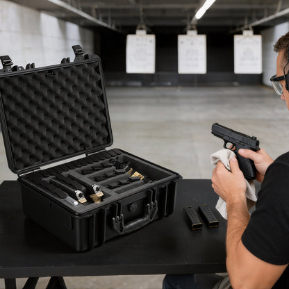 Hard Gun Case with Modular XPE Foam Interior – Heavy Duty Pistol Storage Box with Metal Hinges, 4 Lock Holes & Pressure Valve