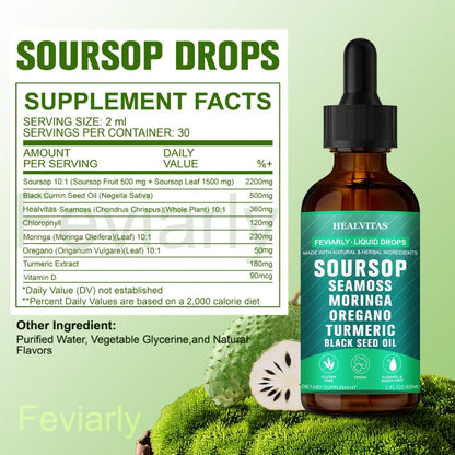 Soursop Bitters Liquid Drops 10-in-1 with Sea Moss Ashwagandha Moringa Turmeric Black Seed Oil