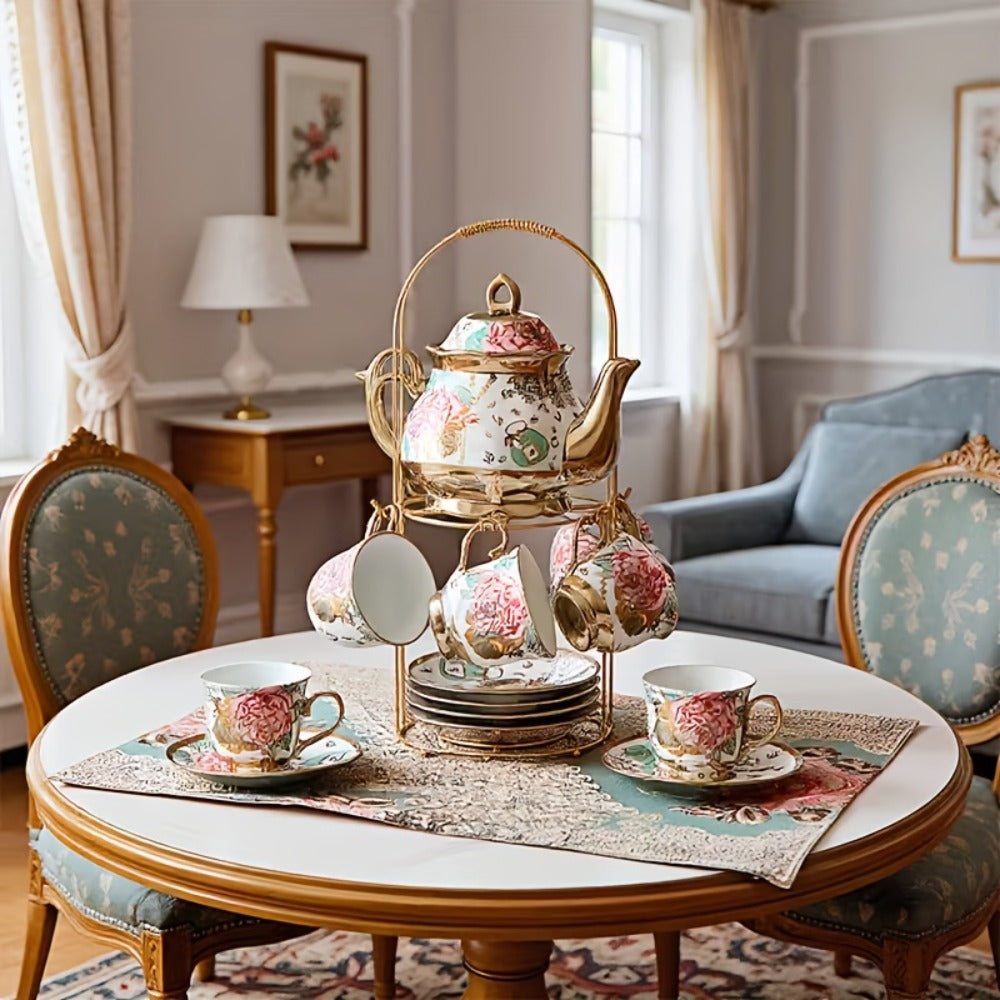 European Floral Ceramic Tea Set 20 Pcs – Italian Style Afternoon Tea Set with Metal Stand – Blooming Pattern Teapot & Cups