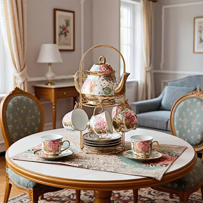 European Floral Ceramic Tea Set 20 Pcs – Italian Style Afternoon Tea Set with Metal Stand – Blooming Pattern Teapot & Cups