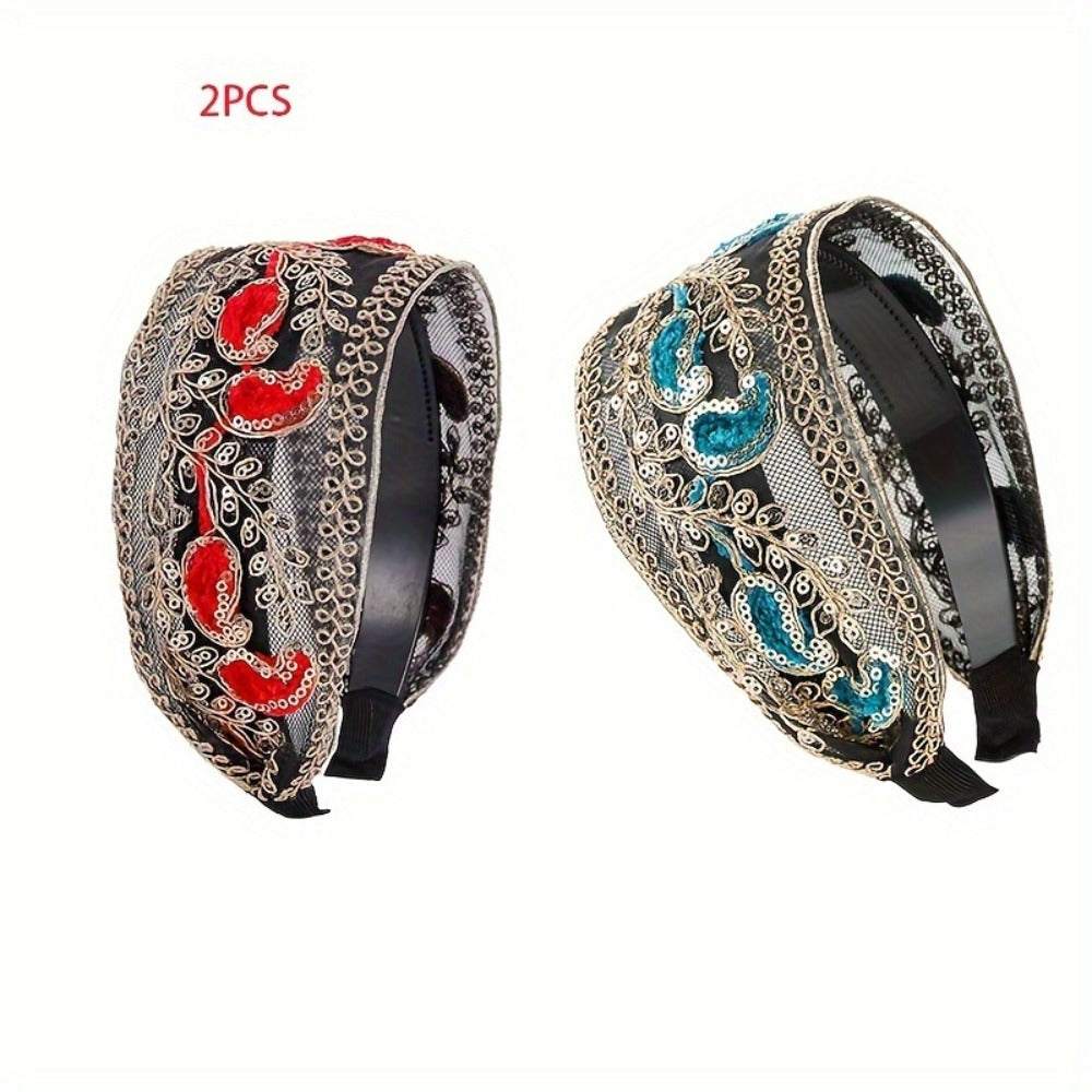 Hair Accessories Two-Piece Wide Embroidered Headband Set with Sequin Floral Details and Color Choices