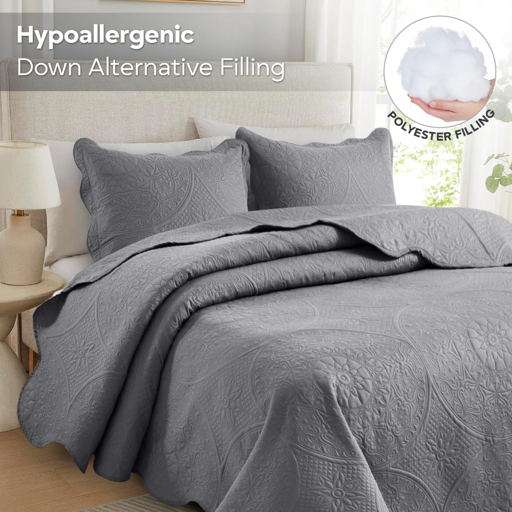 Floral-Pattern Three-Piece Bedspread Set in 16 Colors with Twin, Queen, King and California King Sizes