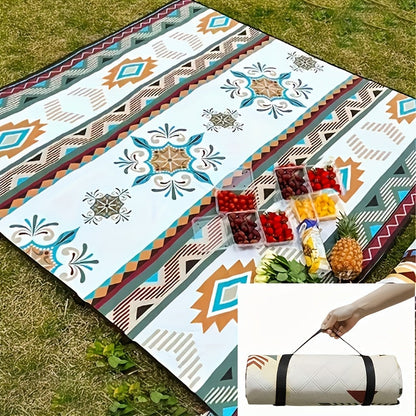 Rectangular Geometric Picnic Blanket with Rolled Carry Straps and 200 x 150 cm Pictured Open Size