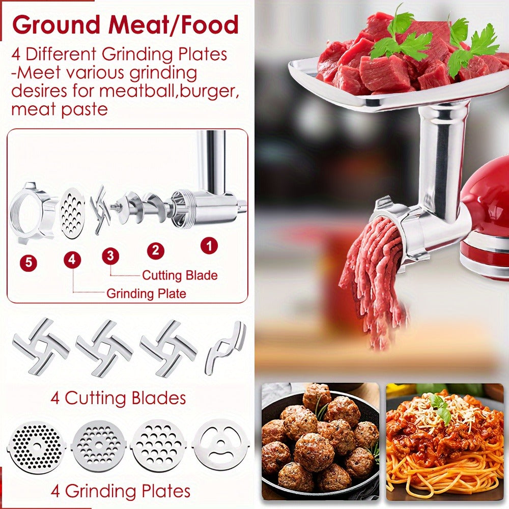 Metal Meat Grinder Attachment for KitchenAid Stand Mixers with 4 Grinding Plates 4 Blades for Home Cooking, Dining and Outdoor Meals