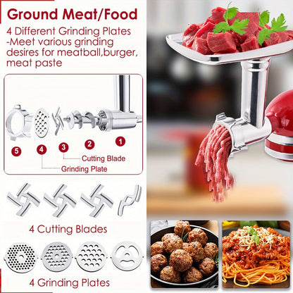 Metal Meat Grinder Attachment for KitchenAid Stand Mixers with 4 Grinding Plates 4 Blades for Home Cooking, Dining and Outdoor Meals
