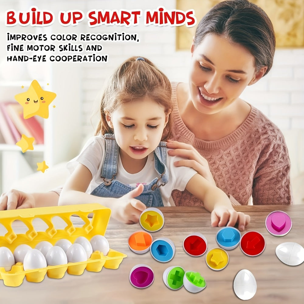 Color & Shape Matching Eggs Toy for Toddlers, Montessori Sorter Puzzle Set, Sensory Early Learning Fine Motor Skills Toy