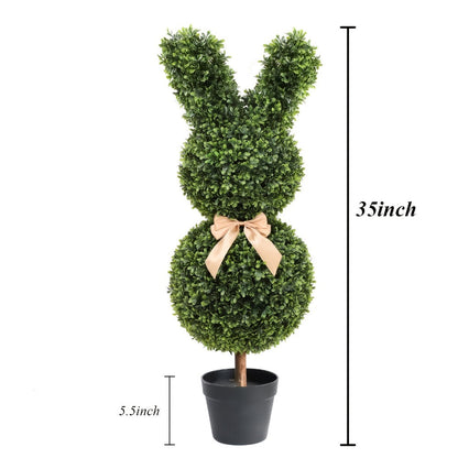 Artificial Boxwood Bunny Topiary 2-Pack, 3Ft Faux Rabbit Garden Statue with Bow, Indoor Outdoor Easter Spring Porch Decor