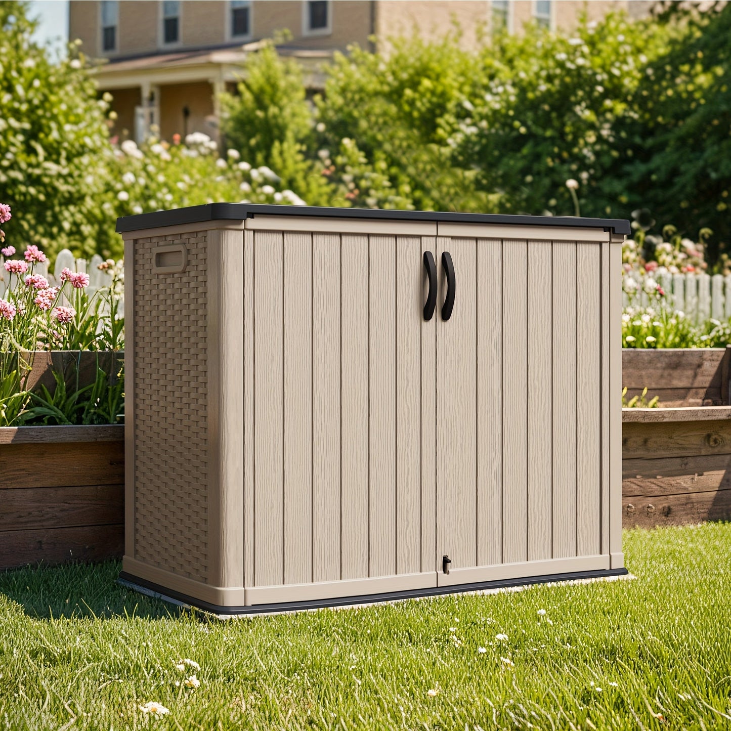 Resin Deck Box Lockable Outdoor Storage, for Garden, Patio and Yard Use, with the Listed Configuration