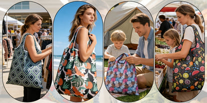 Reusable Grocery Bags Foldable Nylon Tote Bags Waterproof Washable Eco-Friendly Shopping Bag Set with Cute Floral Stripe Polka Dot Leopard