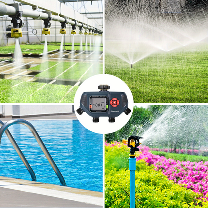 Four-Zone Digital Sprinkler Timer with Independent Water Outlets, LCD Screen, Manual Control and Rain-Delay Mode