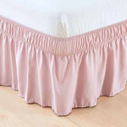 Bed Skirt Elastic Wrap Around Ruffle – 15 Inch Drop Microfiber Dust Ruffle, Adjustable No-Lift Fit, Fade Resistant Machine Washable