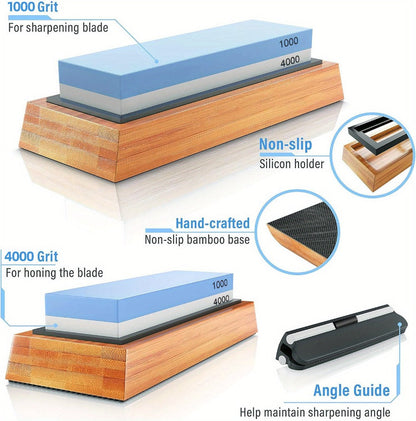 Knife Sharpening Stone 1000/4000 Grit Whetstone Set with Bamboo Base and Angle Guide for Home Cooking, Dining and Outdoor Meals