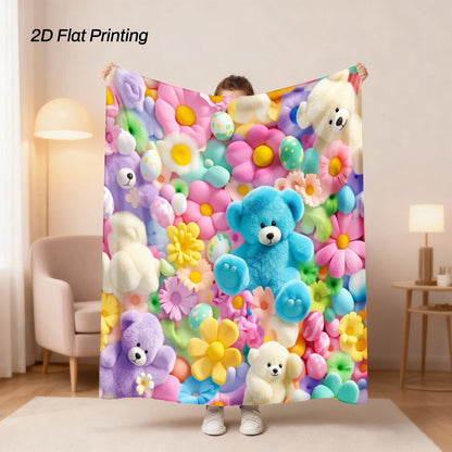 Colorful Teddy Bear Throw Blanket with Flower Print, White Reverse Surface and Single 40 x 50-Inch Size