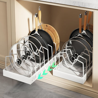 Pull-Out Pot and Pan Lid Rack Cabinet Sliding Storage Organizer – Kitchen Cabinet Slide-Out Box with 8/16 Adjustable Dividers for Lids