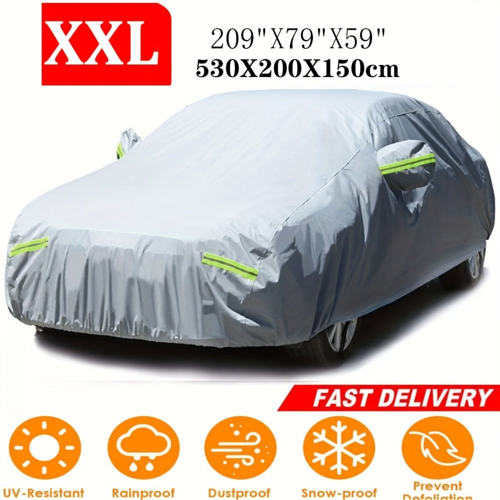 Silver 190T Full Car Cover with Reflective Tabs, Elastic Hem and XL or XXL Size Options for Sedans