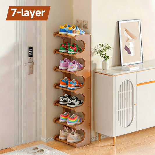 Natural-Color Seven-Layer Bamboo-Labeled Shoe Rack with Narrow Freestanding Corner Layout Design