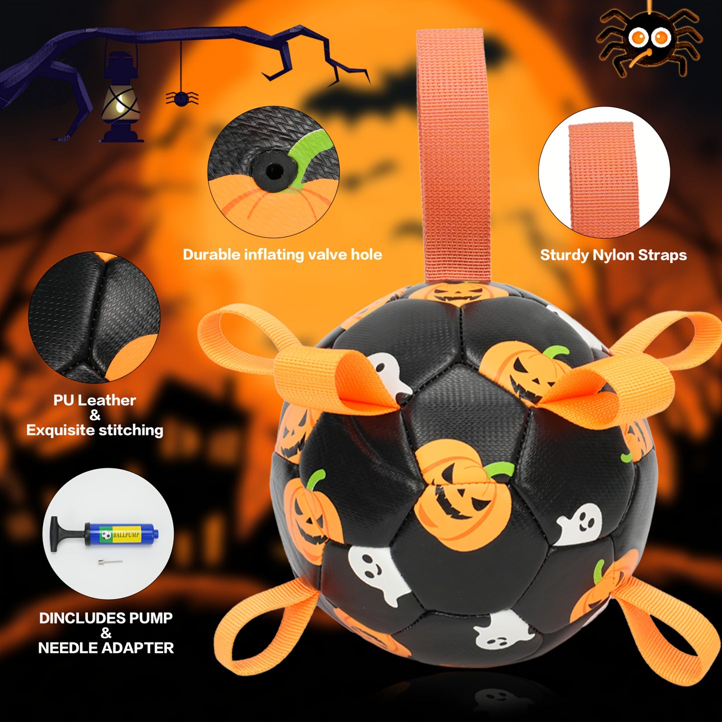 Halloween Dog Ball Toy with Pump – Football Shaped Chew Ball for Dogs, Pumpkin Ghost Design, Durable Rubber Fetch Toy