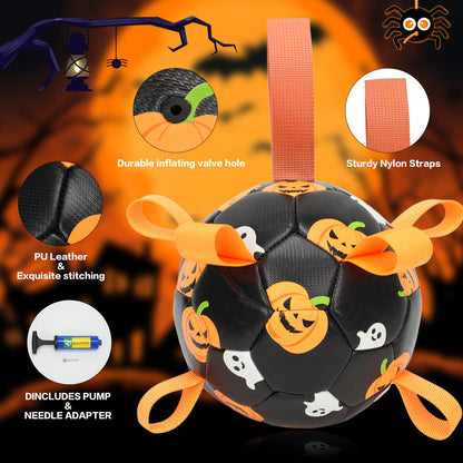 Halloween Dog Ball Toy with Pump – Football Shaped Chew Ball for Dogs, Pumpkin Ghost Design, Durable Rubber Fetch Toy