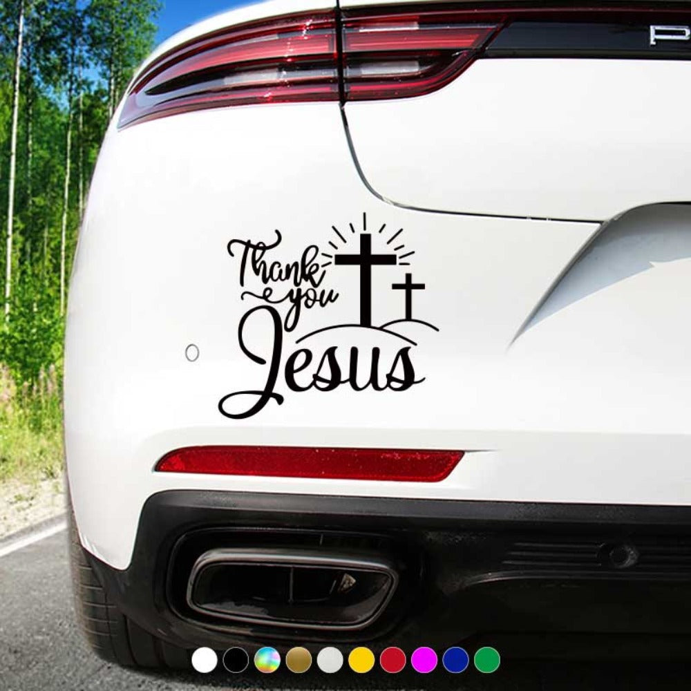 Thank You Jesus Cross Vinyl Decal Set, Four-Piece Design in Seven Colors for Vehicle Windows and Body Panels