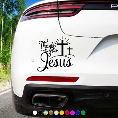 Thank You Jesus Cross Vinyl Decal Set, Four-Piece Design in Seven Colors for Vehicle Windows and Body Panels