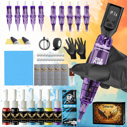 Wireless Tattoo Gun Kit Complete Set 1500mAh Battery 10 Needles 7 Inks for Temporary Body Art, Festivals and Costumes