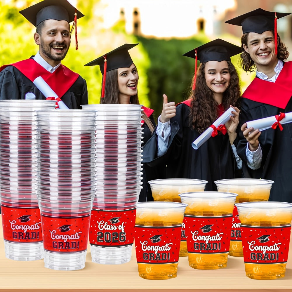 Graduation Plastic Mugs 100 Pack 14oz, 2026 Graduation Party Cups in Black Red Blue Green Purple Maroon for Graduation Ceremony