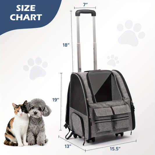 Rolling Pet Carrier with Wheels | 2-in-1 Trolley Cat Carrier Bag, Airline Approved, Telescopic Handle, Detachable Soft-Sided Travel Bag