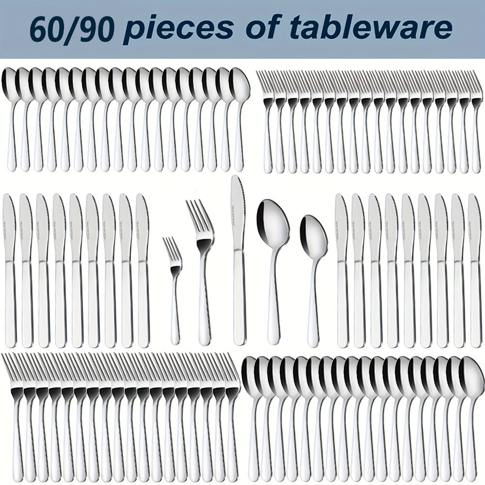 Stainless Steel Flatware Set in 60- or 90-Piece Silver Configurations with Five-Piece Place Settings