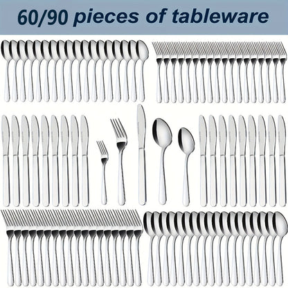 Stainless Steel Flatware Set in 60- or 90-Piece Silver Configurations with Five-Piece Place Settings
