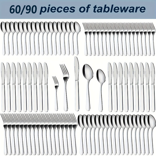 Stainless Steel Flatware Set in 60- or 90-Piece Silver Configurations with Five-Piece Place Settings