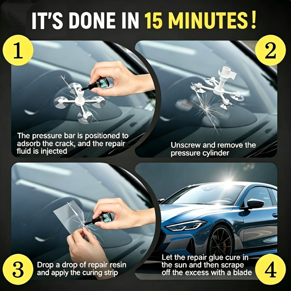 Windshield Repair Kit – Nano Resin Fix for Chips, Bullseye & Star Cracks in 15 Minutes, DIY Glass Crack Repair with Suction Injector