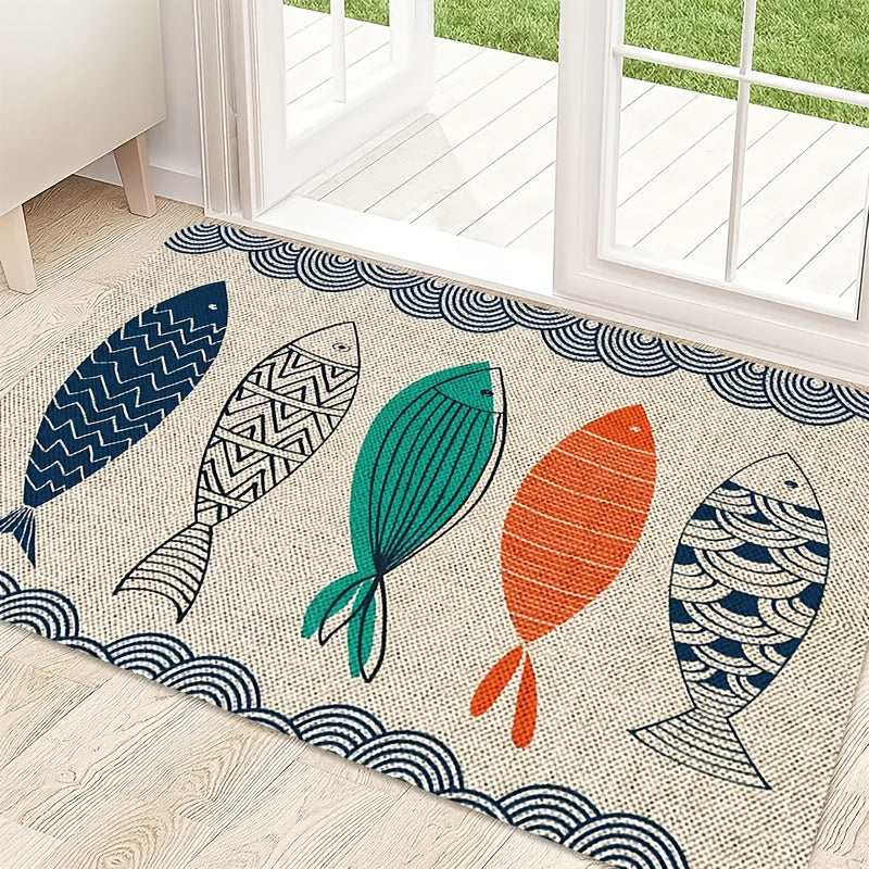 Colorful Fish Door Mat with Wave-Border Print, Flannel-Described Surface and 40 x 60cm or 50 x 80cm Sizes