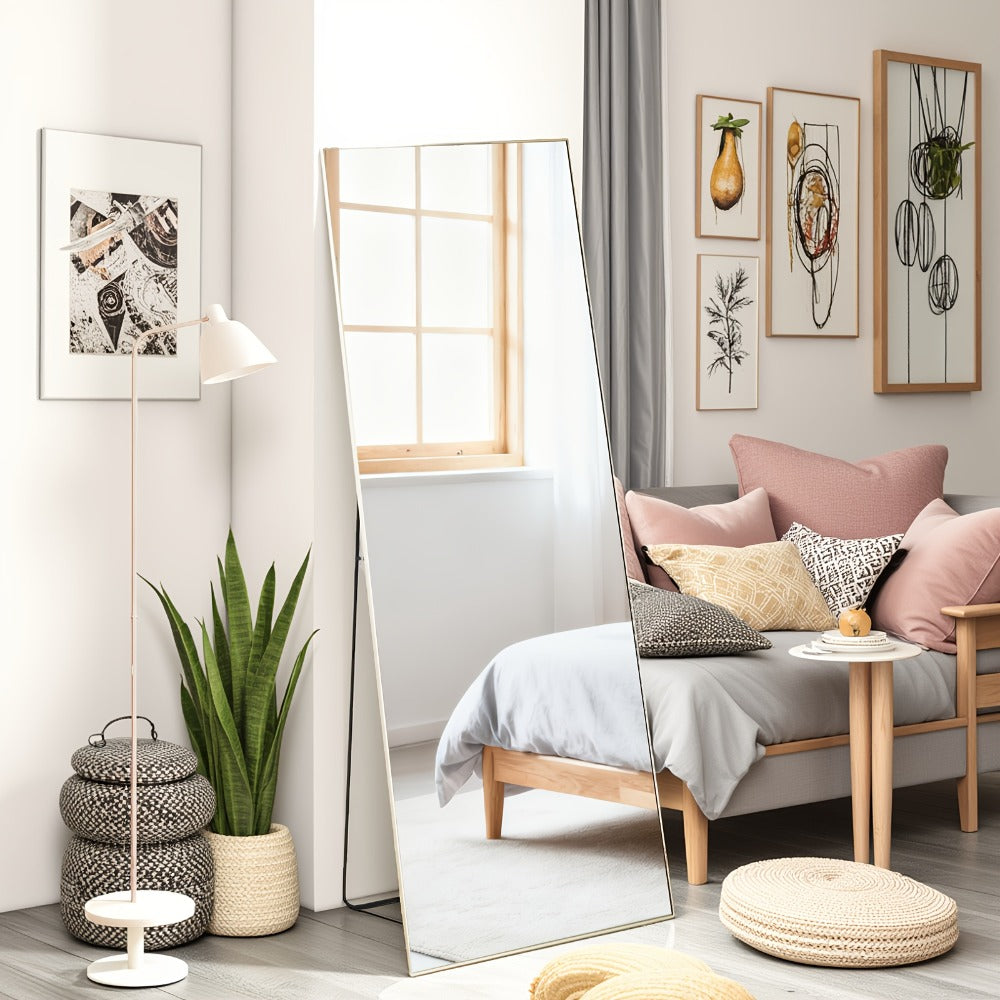 Full Length Mirror Floor Standing, Arched & Rect Body Mirror with Stand, Hanging or Leaning Wall Mirror, Aluminum Alloy Thin Frame