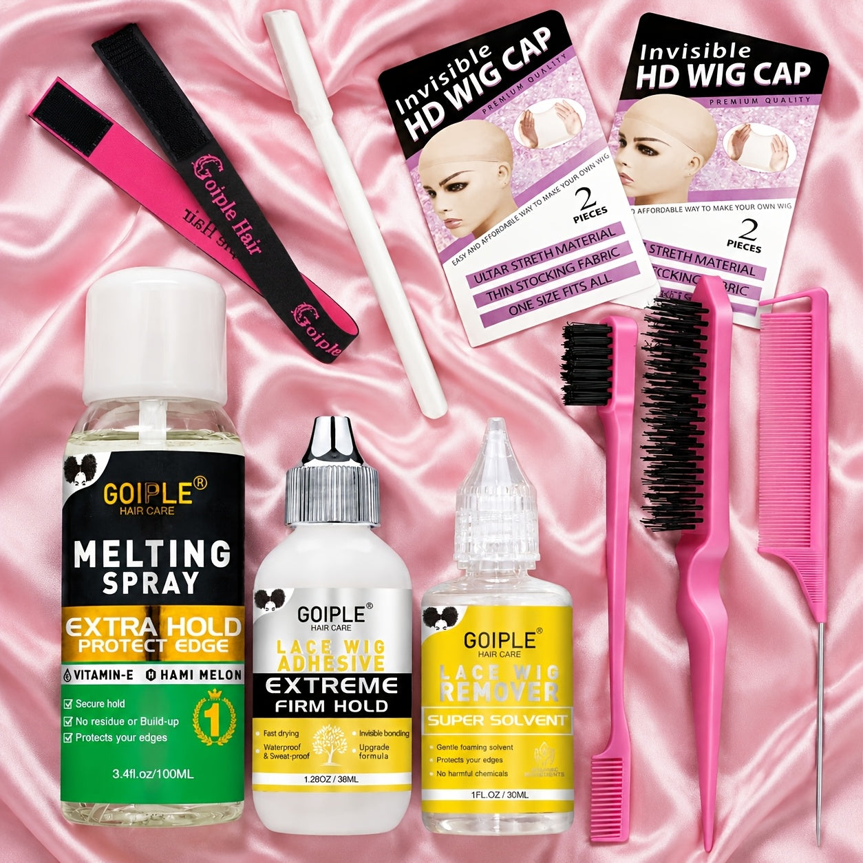 Lace Wig Installation Kit, 10-Piece Set with Melting Spray, Liquid Bottles, Bands, Caps, Combs and Brushes