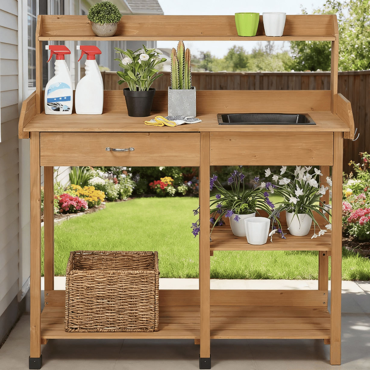 Garden Potting Table 4-Tier with Removable Sink, Adjustable Shelf, Drawer & Side Hooks, Outdoor Planter Stand for Yard Greenhouse in Wood