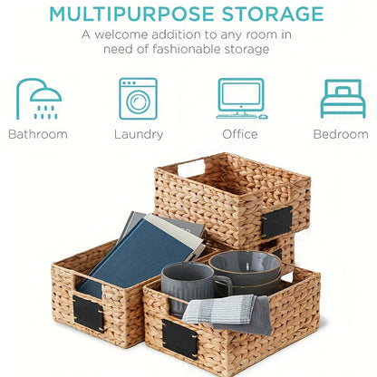 Water Hyacinth Pantry Storage Baskets with Chalkboard Labels, 9 x 12 x 5-Inch, 1- to 4-Pack