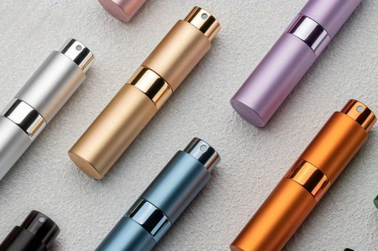 Refillable Perfume Atomizer Travel 5 Pack – 8ml Mini Cologne Sprayer Bottles with Cap-Free Twist Design, Leak-Proof Aluminum & Glass