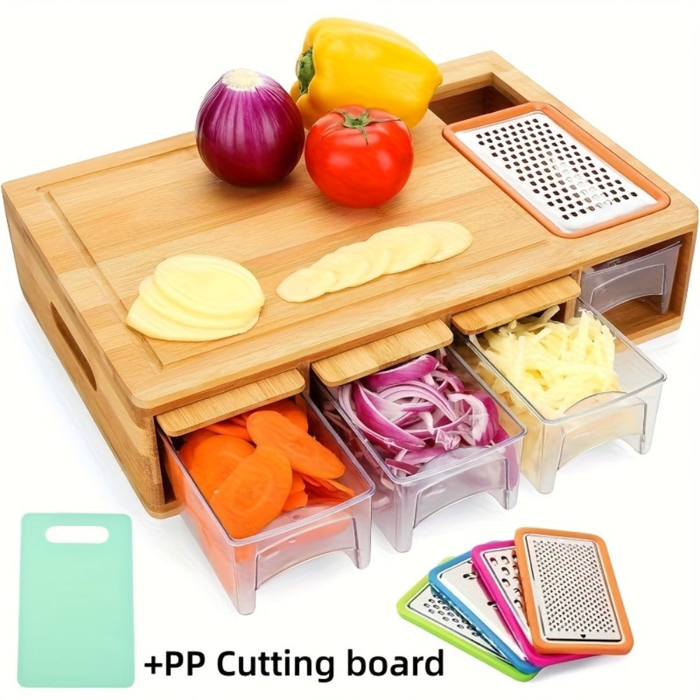 Bamboo Cutting Board Prep Station with Slide-Through Opening, Drawer Positions and Two-Tray Package Option
