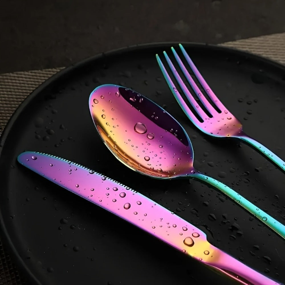 Camping Tableware Set Stainless Steel Rainbow Plates Bowls Cups with Forks Spoons Knives Outdoor for Camping, Travel and Outdoor Use
