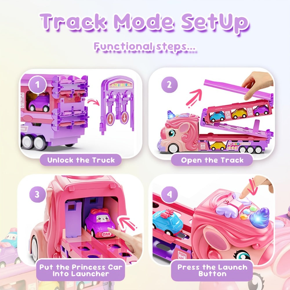 Pink Unicorn Monster Truck Track Set with 8 Princess Cars, Lights & Sounds with the Listed Color, Size or Set Options for Everyday Use