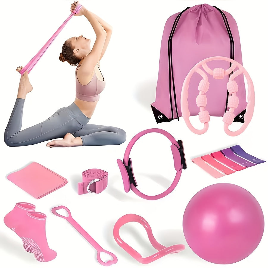 Pink 13-Piece Pilates Ring and Resistance Band Set with Ball, Socks, Straps and Drawstring Bag